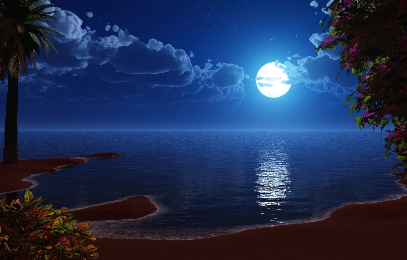 Photo wallpaper sea, the moon, shore, drawing