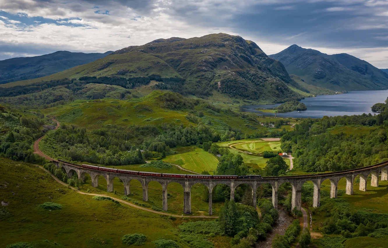 Photo wallpaper forest, mountains, bridge, arch, pond