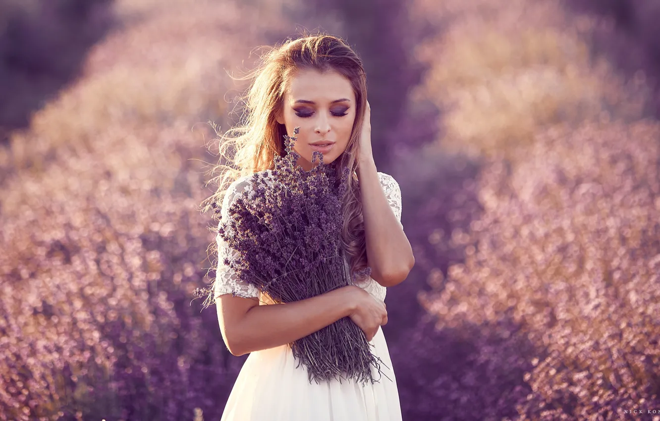 Photo wallpaper field, girl, pose, mood, bouquet, makeup, lavender, closed eyes