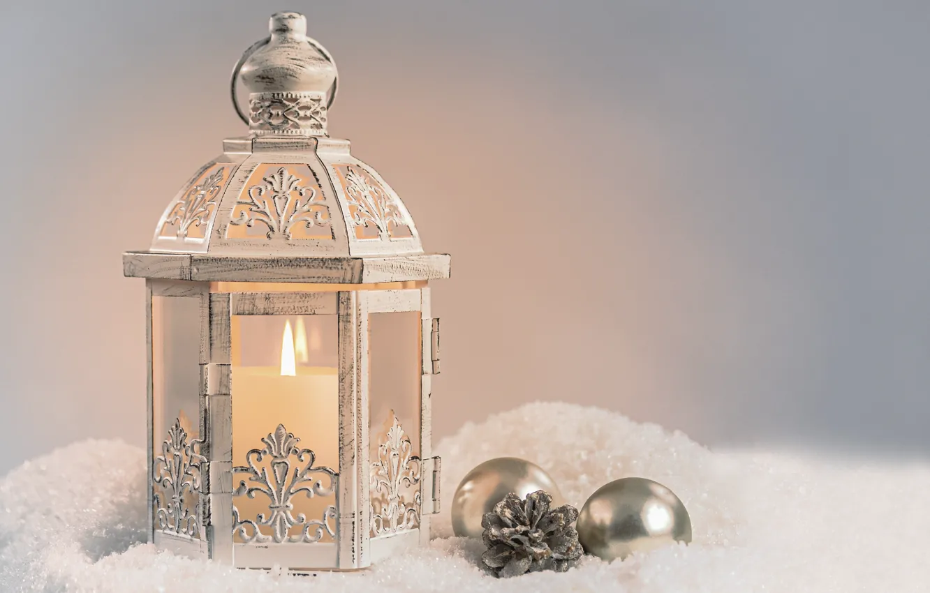 Photo wallpaper balls, snow, holiday, candle, Christmas, lantern, New year, Christmas decorations