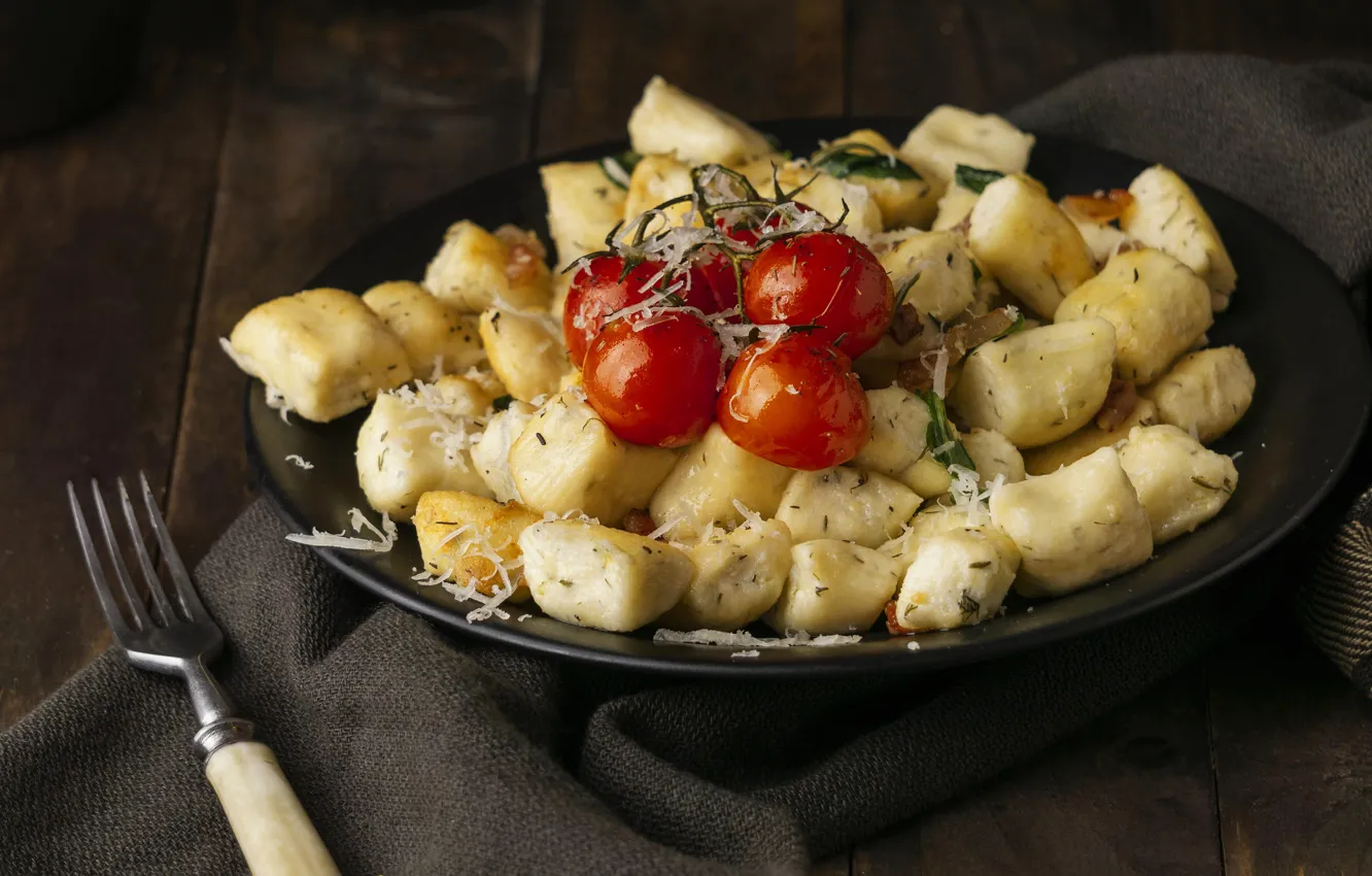 Photo wallpaper table, plug, tomatoes, dumplings, fried