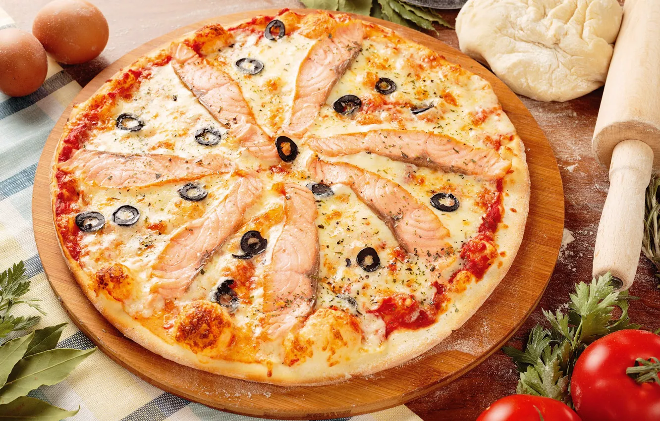Photo wallpaper cheese, pizza, olives, salmon