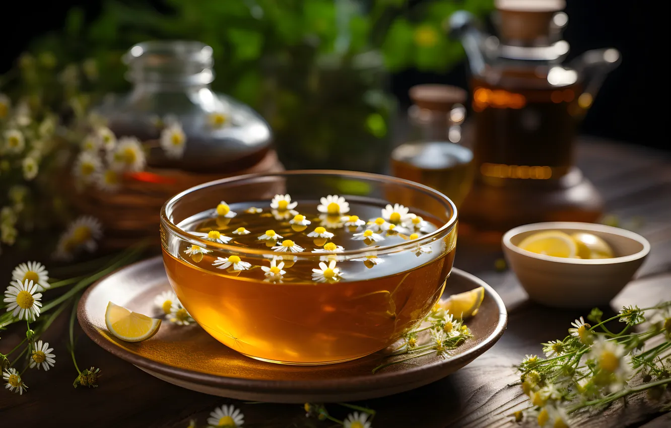 Photo wallpaper table, tea, mug, Cup, drink, AI art, neural network