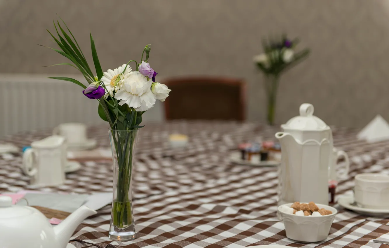 Photo wallpaper flowers, reflection, table, bouquet, kettle, vase, coffee pot