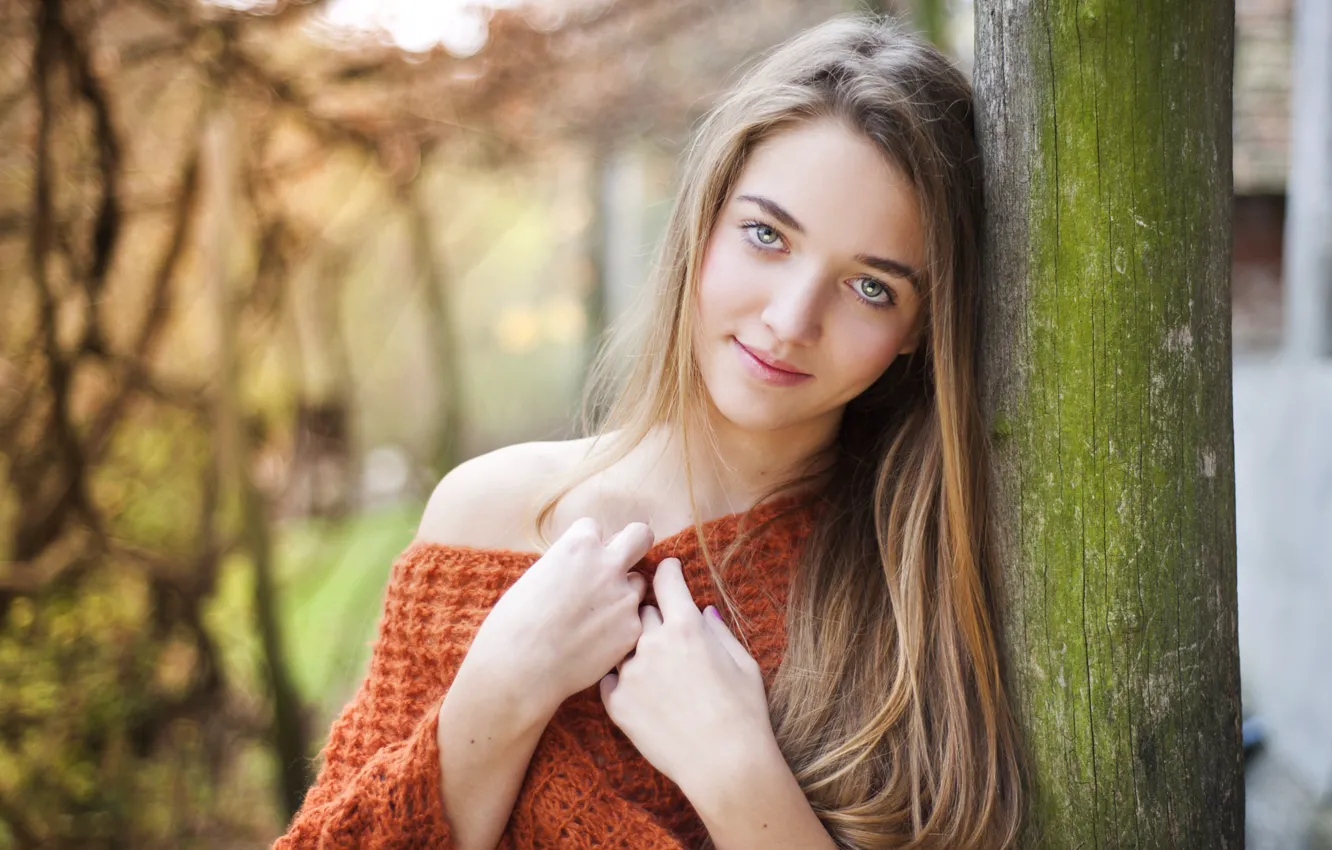 Photo wallpaper look, girl, smile, posts, brown hair, shoulders, sweater