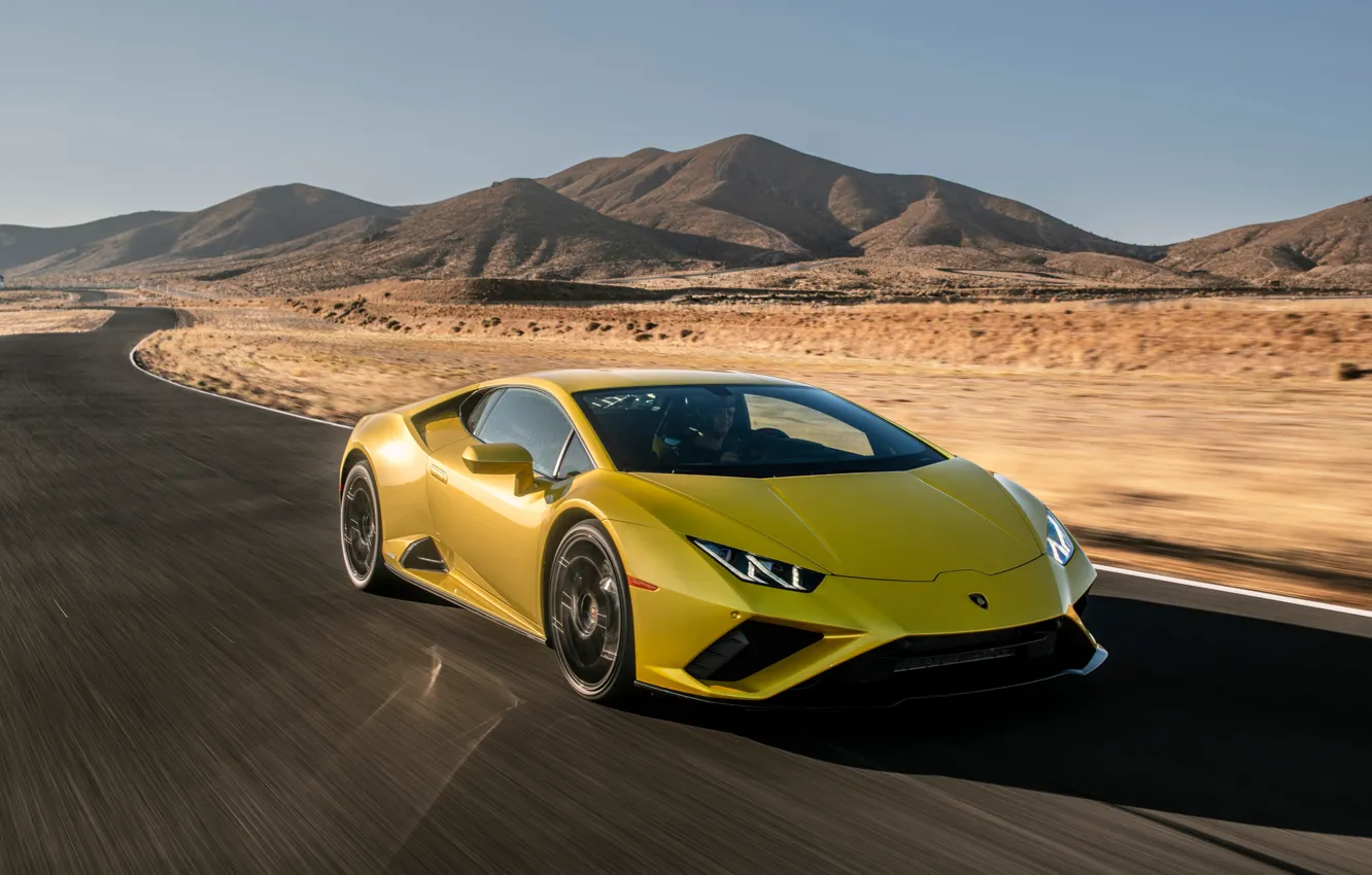 Photo wallpaper ROAD, SAND, MOVEMENT, YELLOW, SPEED, Lamborghini Huracan Evo