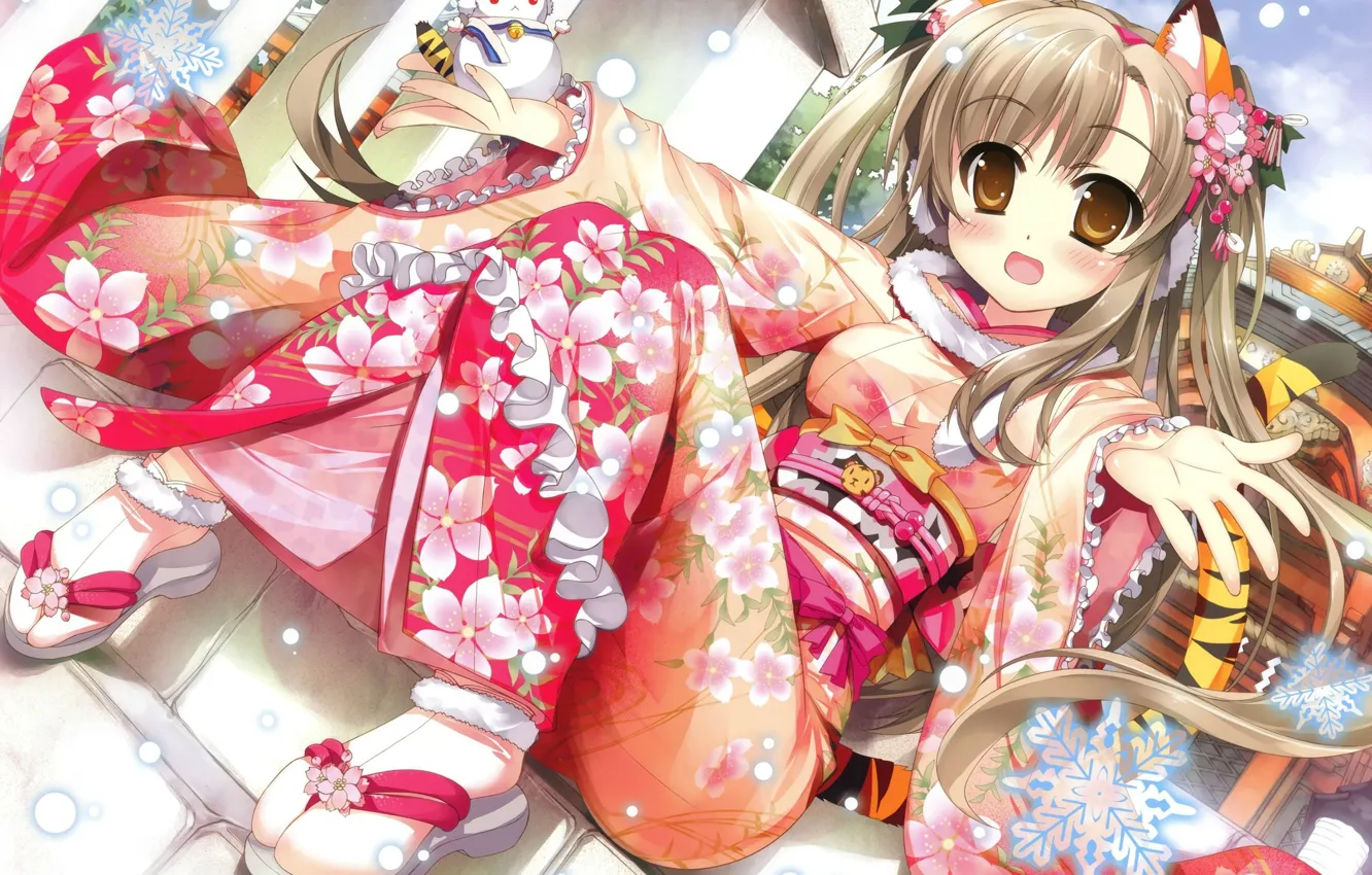 Photo wallpaper girl, tiger, new year, anime, art, steps, ears, snowflake