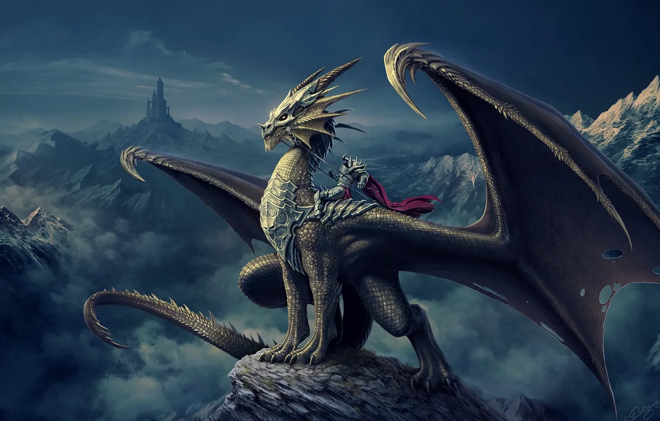 Photo wallpaper mountains, castle, dragon, tower, art, rider, Nick Deligaris