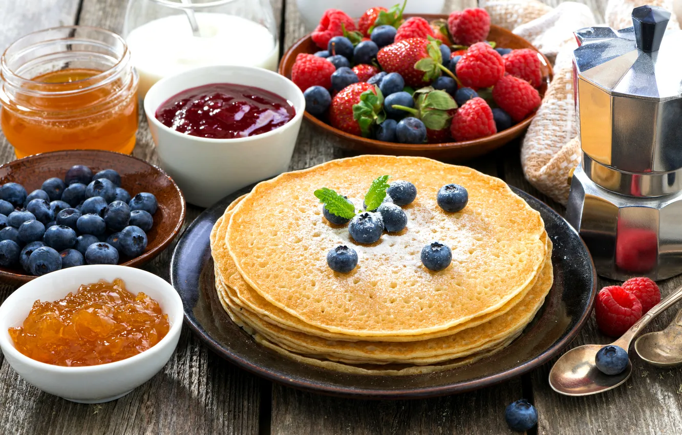 Photo wallpaper berries, raspberry, strawberry, pancakes, jam, blueberries