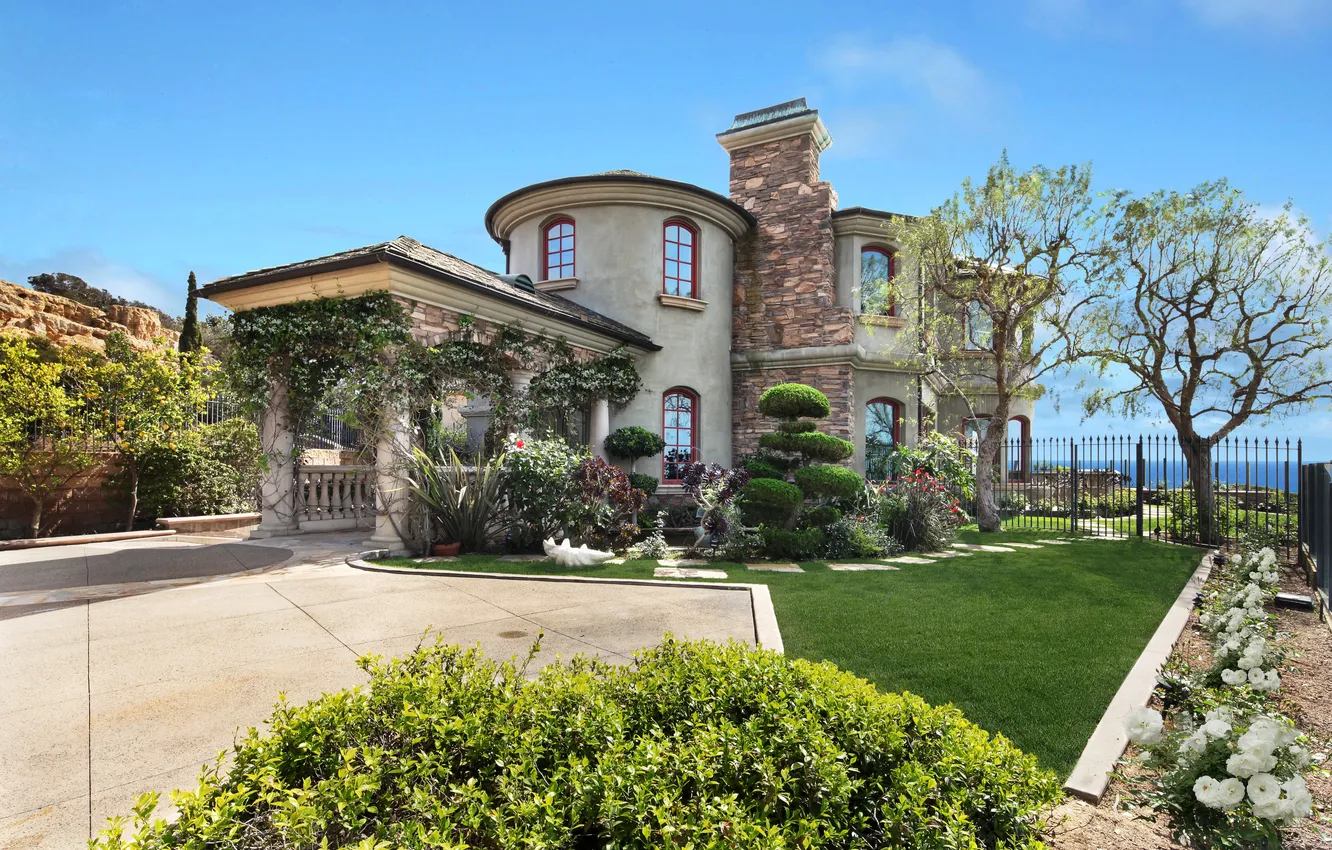 Photo wallpaper sea, the sun, trees, flowers, design, lawn, the fence, home