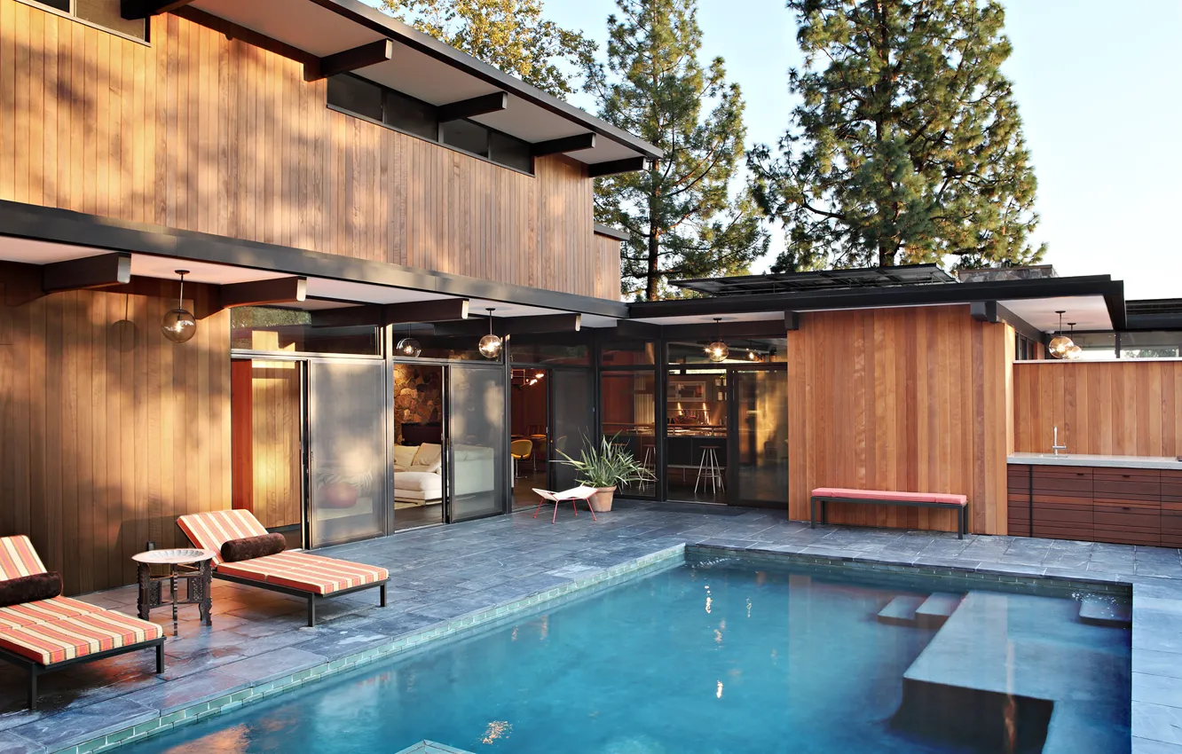 Photo wallpaper trees, sofa, home, pool, chair, pine, sunbeds