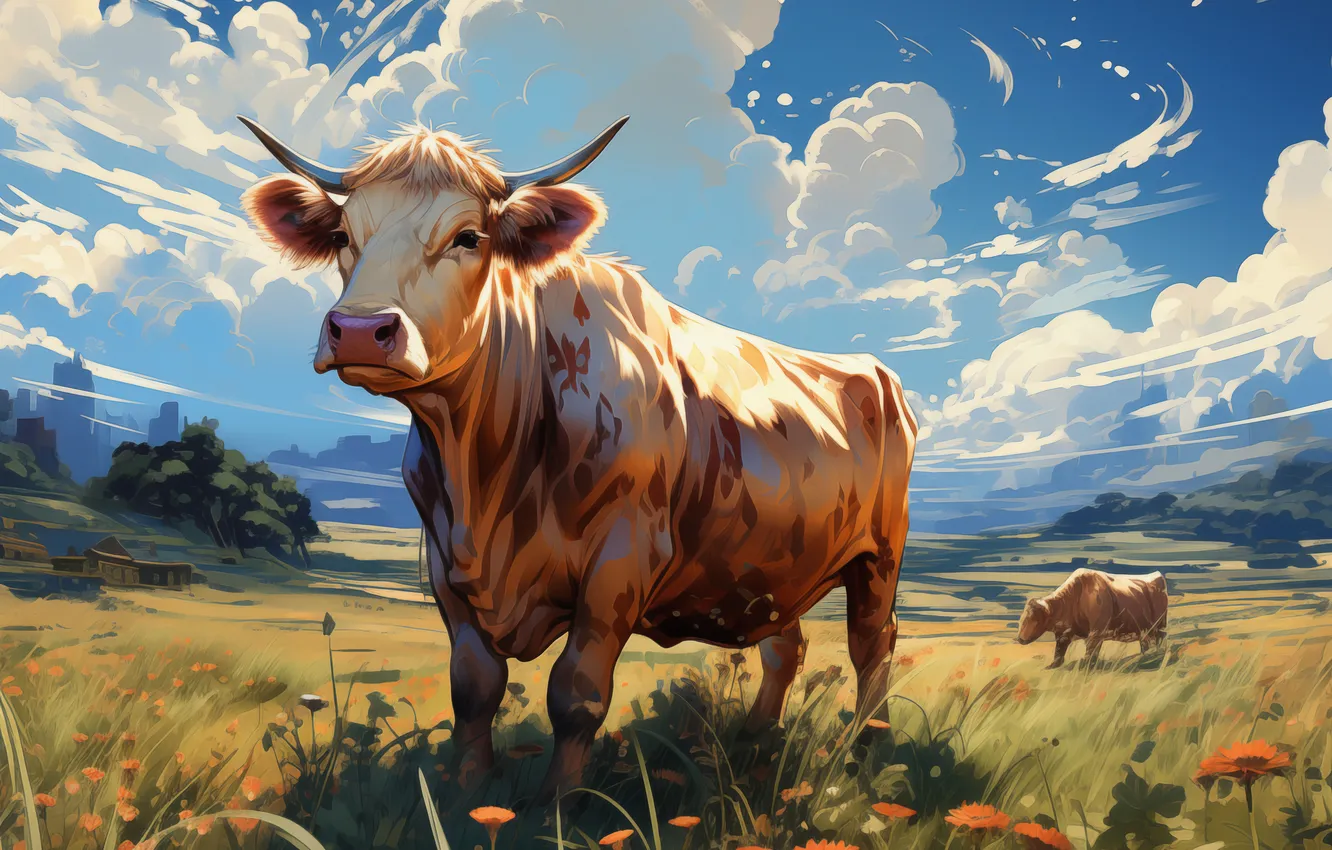 Photo wallpaper grass, clouds, flowers, bull, digital art, AI art, The Art of Artificial Intelligence, neural network