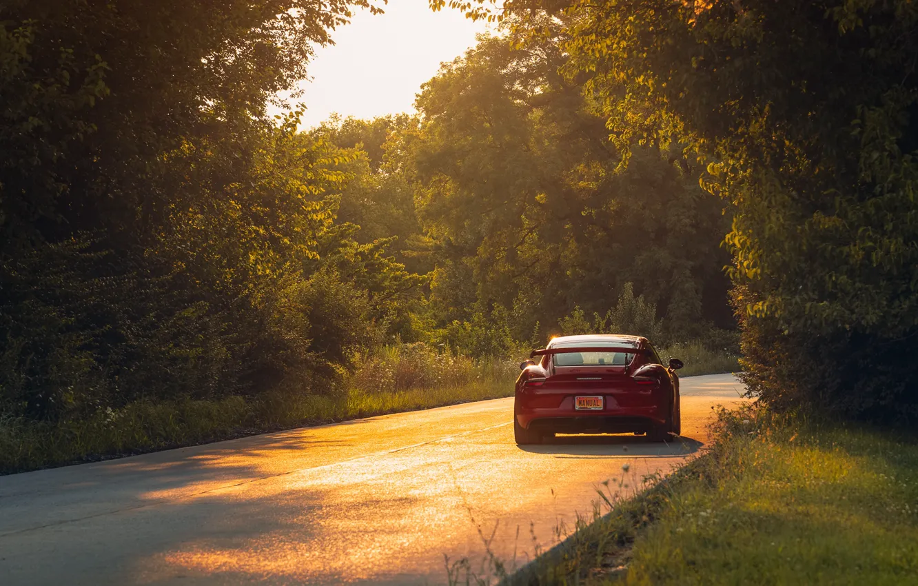 Photo wallpaper car, Porsche, road, field, sunlight, GT4, headlights, Taillights