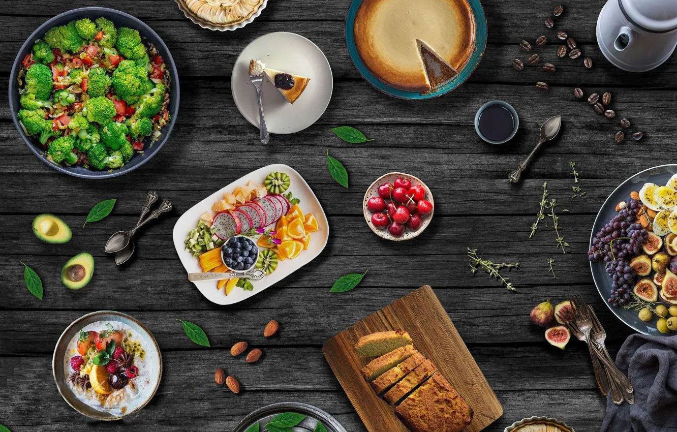 Photo wallpaper berries, coffee, food, bread, pie, grapes, fruit, vegetables