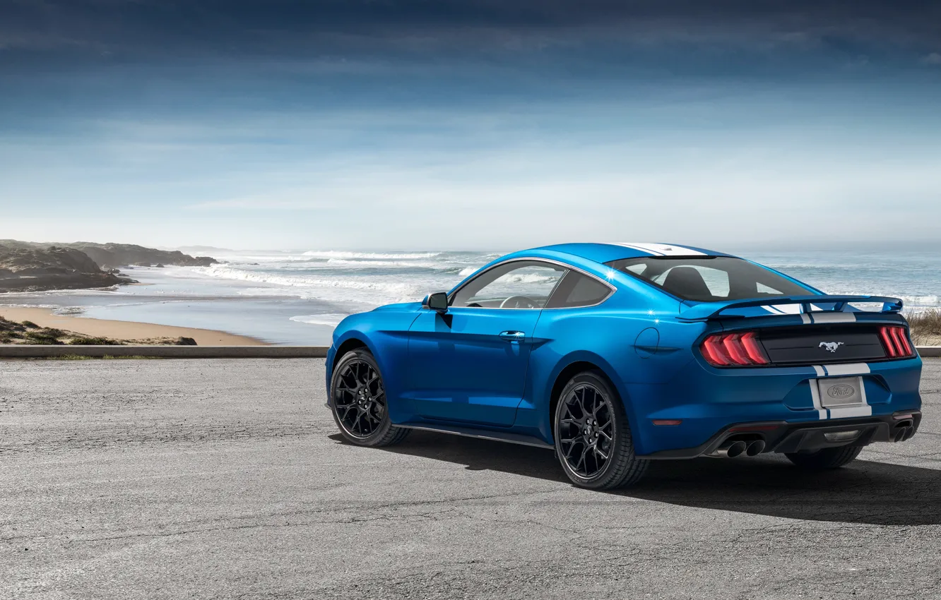 Photo wallpaper coast, Mustang, Ford, rear view, EcoBoost, 2019, Performance Pack