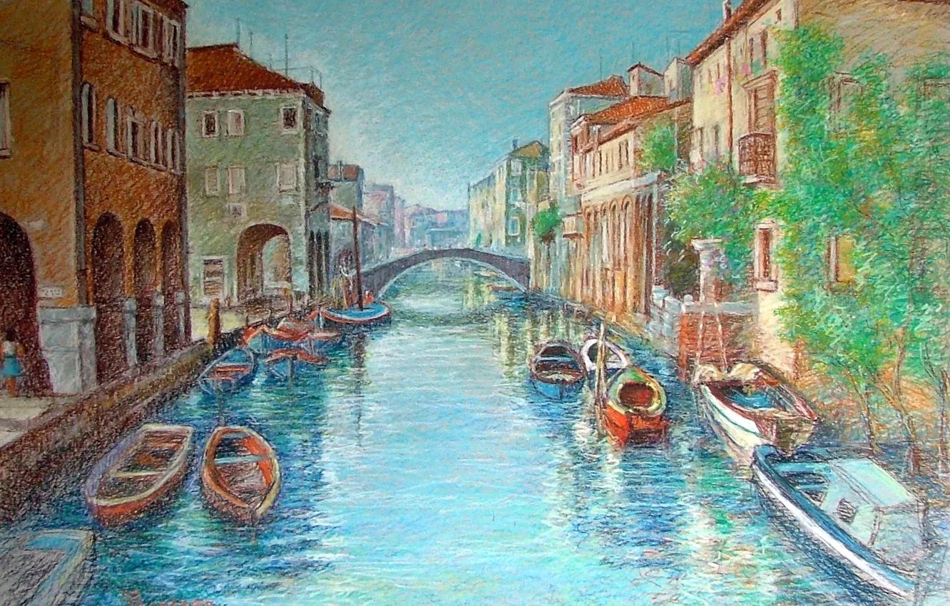 Photo wallpaper boats, Venice, channel, pastel, Italy, Venice