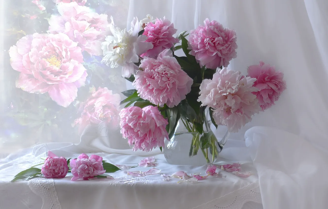 Photo wallpaper bouquet, petals, stem, vase, still life, buds, peonies