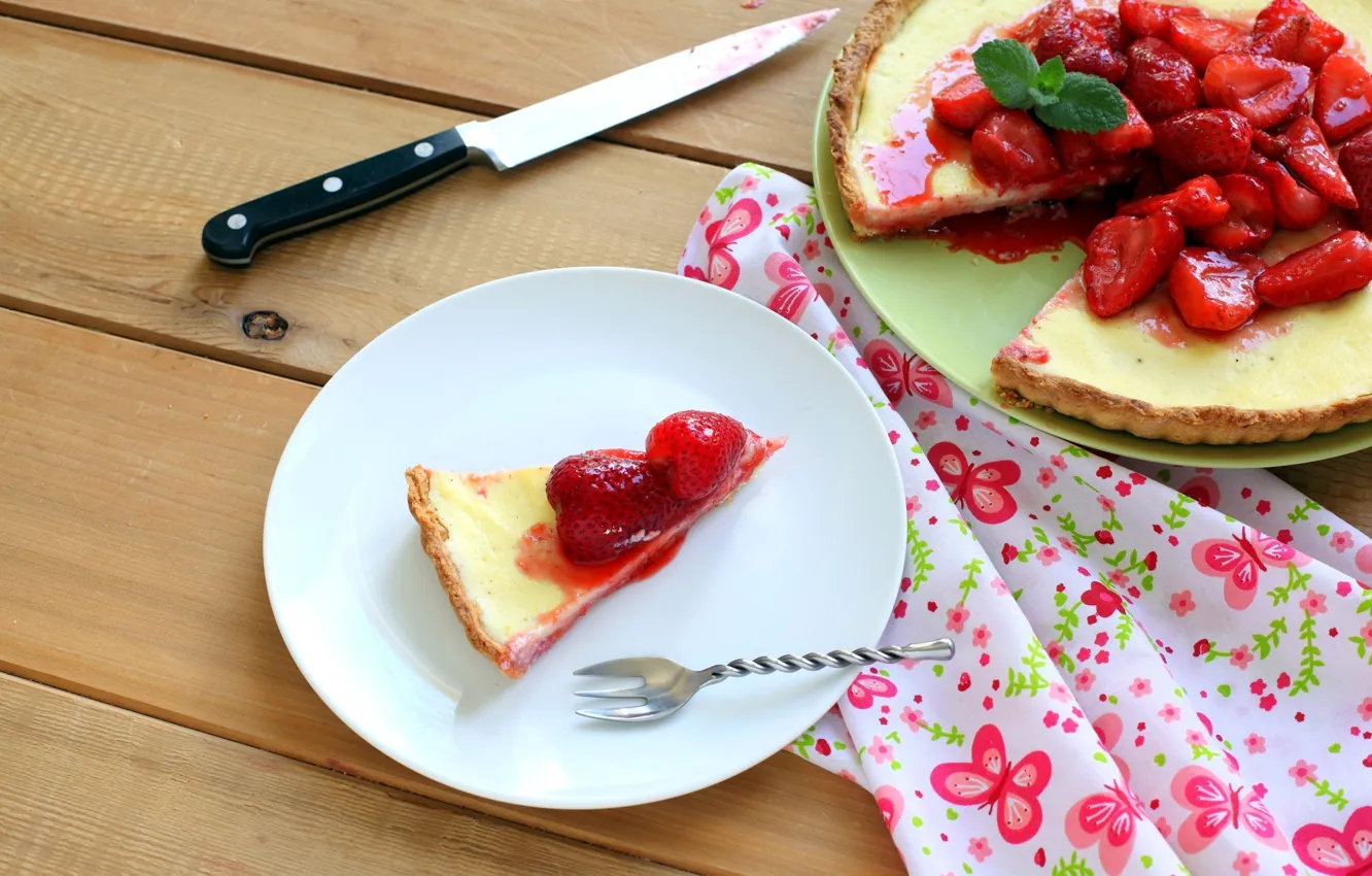 Photo wallpaper berries, table, strawberry, pie, dishes, dessert, cakes