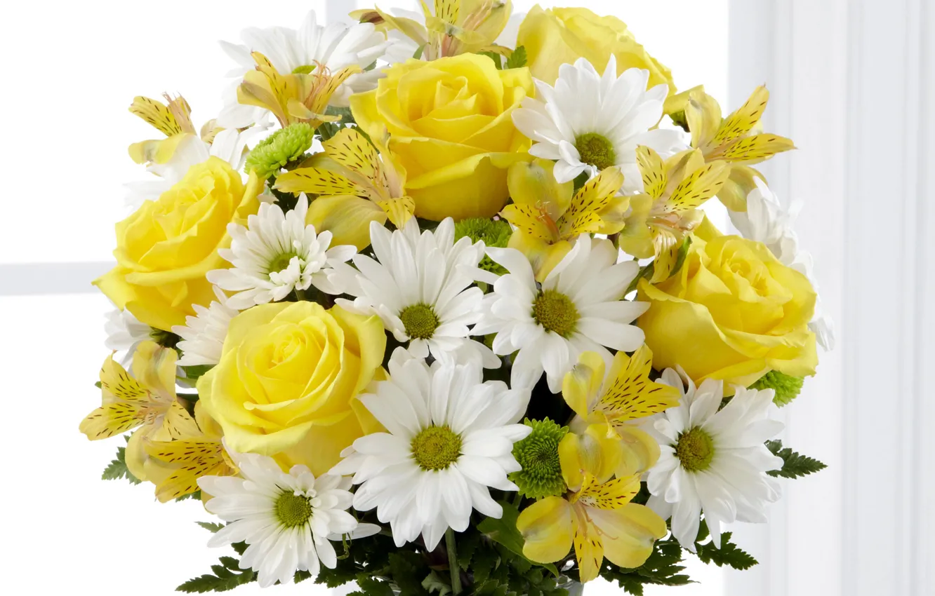 Photo wallpaper flowers, bouquet, yellow, Roses, chrysanthemum, alstremeria