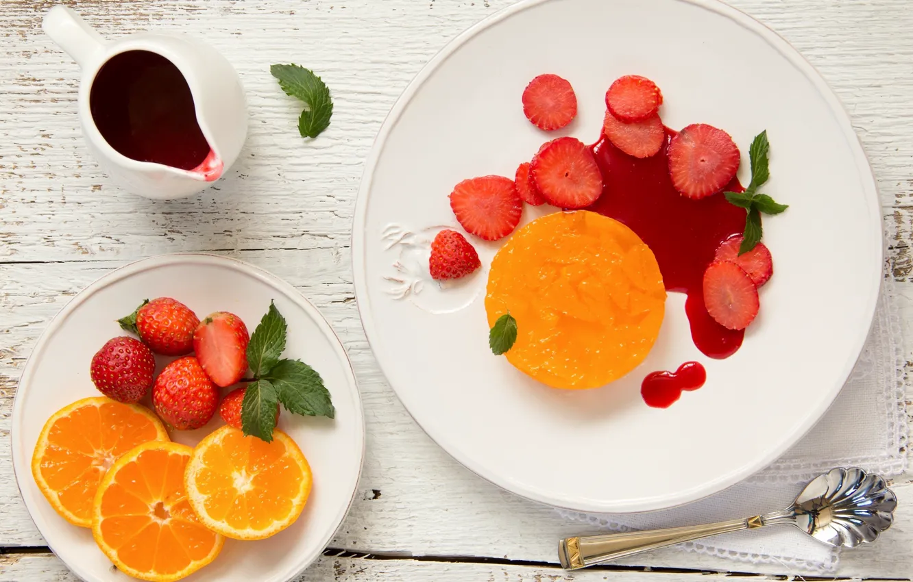 Photo wallpaper berries, orange, strawberry, dessert, sauce, terrine of oranges