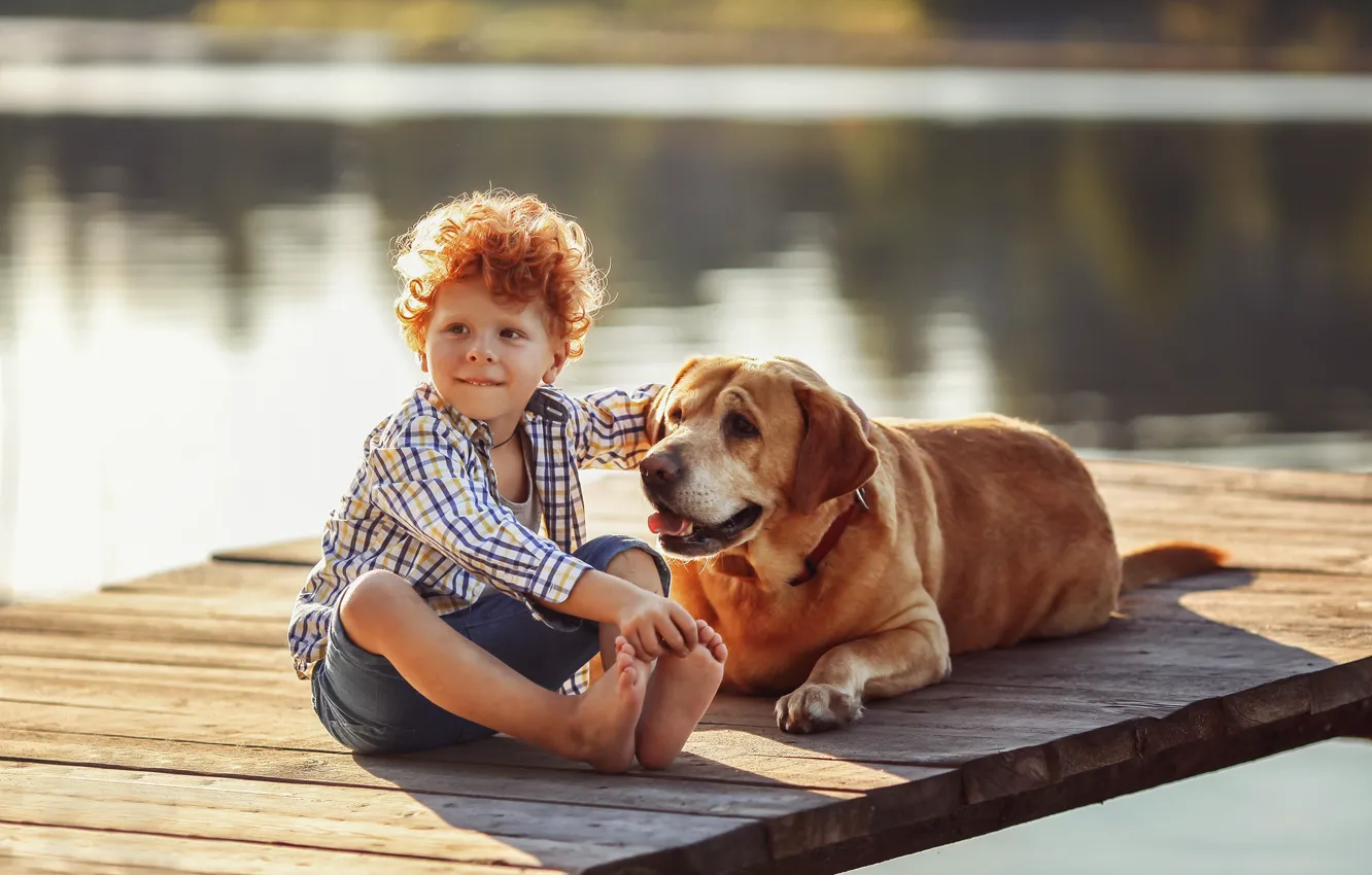 Photo wallpaper water, nature, children, each, animal, dog, barefoot, boy