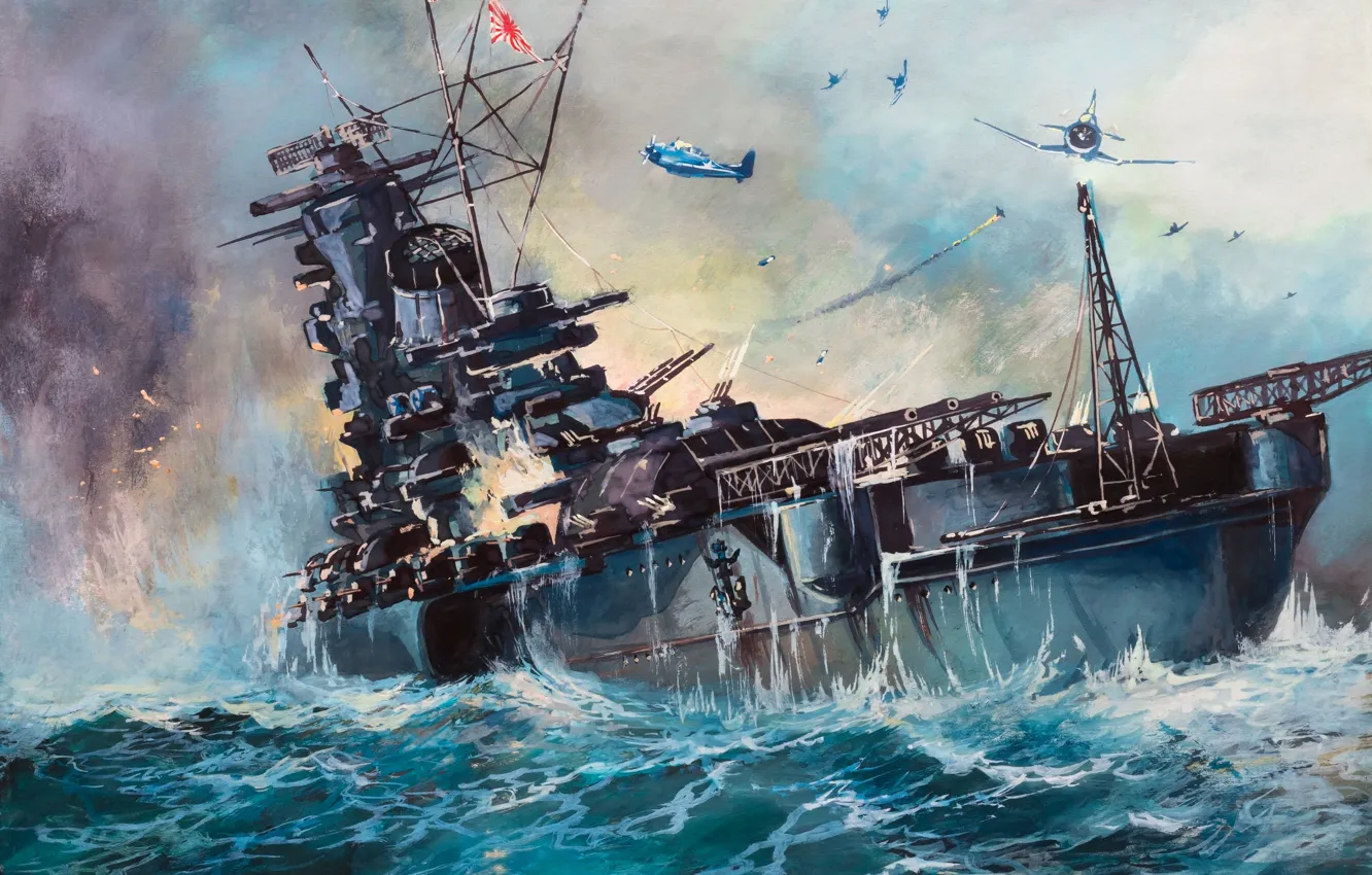 Photo wallpaper attack, ship, oil, explosions, bursts, Japan, battle, art