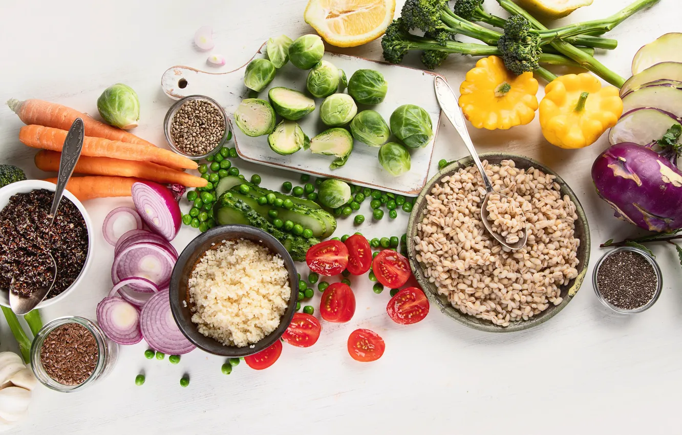 Photo wallpaper bow, peas, len, figure, vegetables, tomatoes, carrots, cucumbers