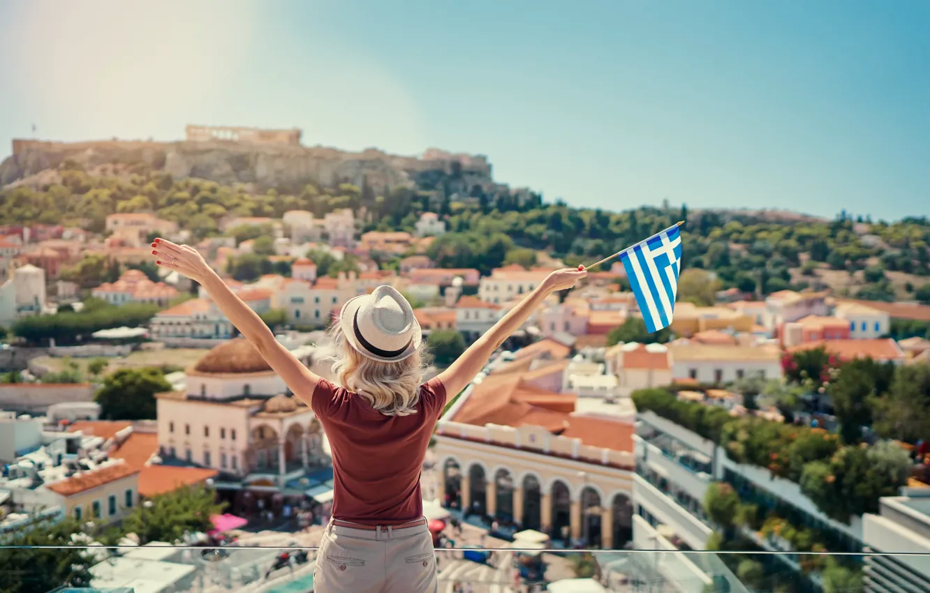 Photo wallpaper girl, the city, home, hat, Greece, Greece, Acropolis, Athens