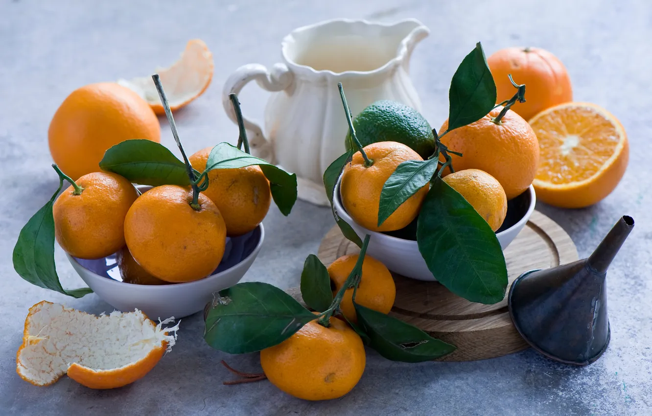 Photo wallpaper leaves, peel, tangerines