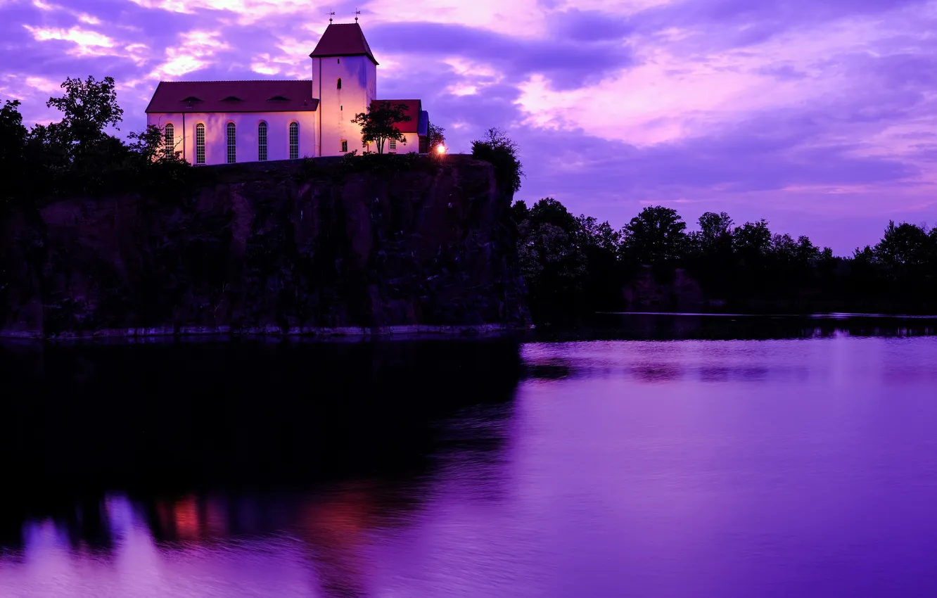 Photo wallpaper Sunset, Lake, Church, Rock, Twilight, Sunset, Church, Lake