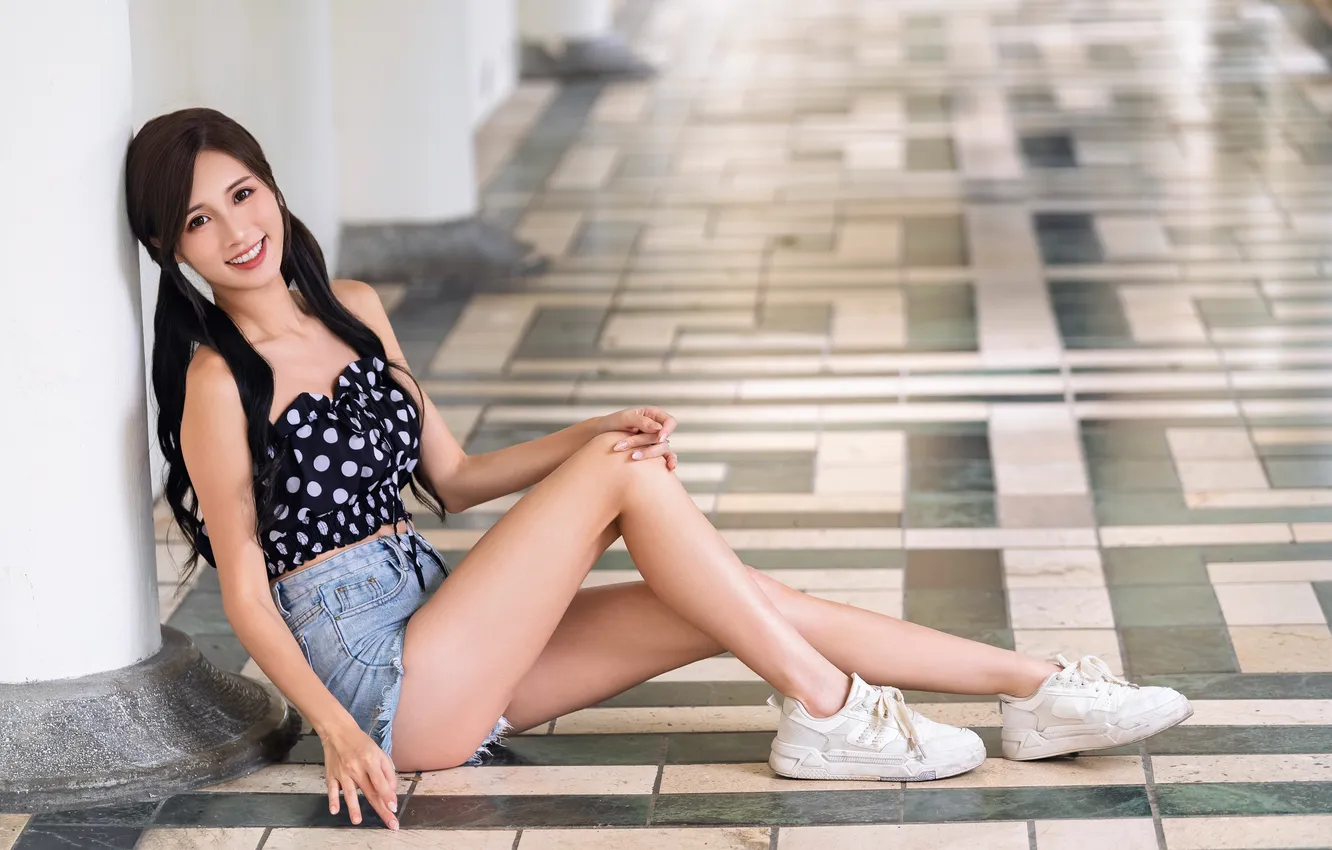 Photo wallpaper look, girl, pose, smile, shorts, hands, brunette, top