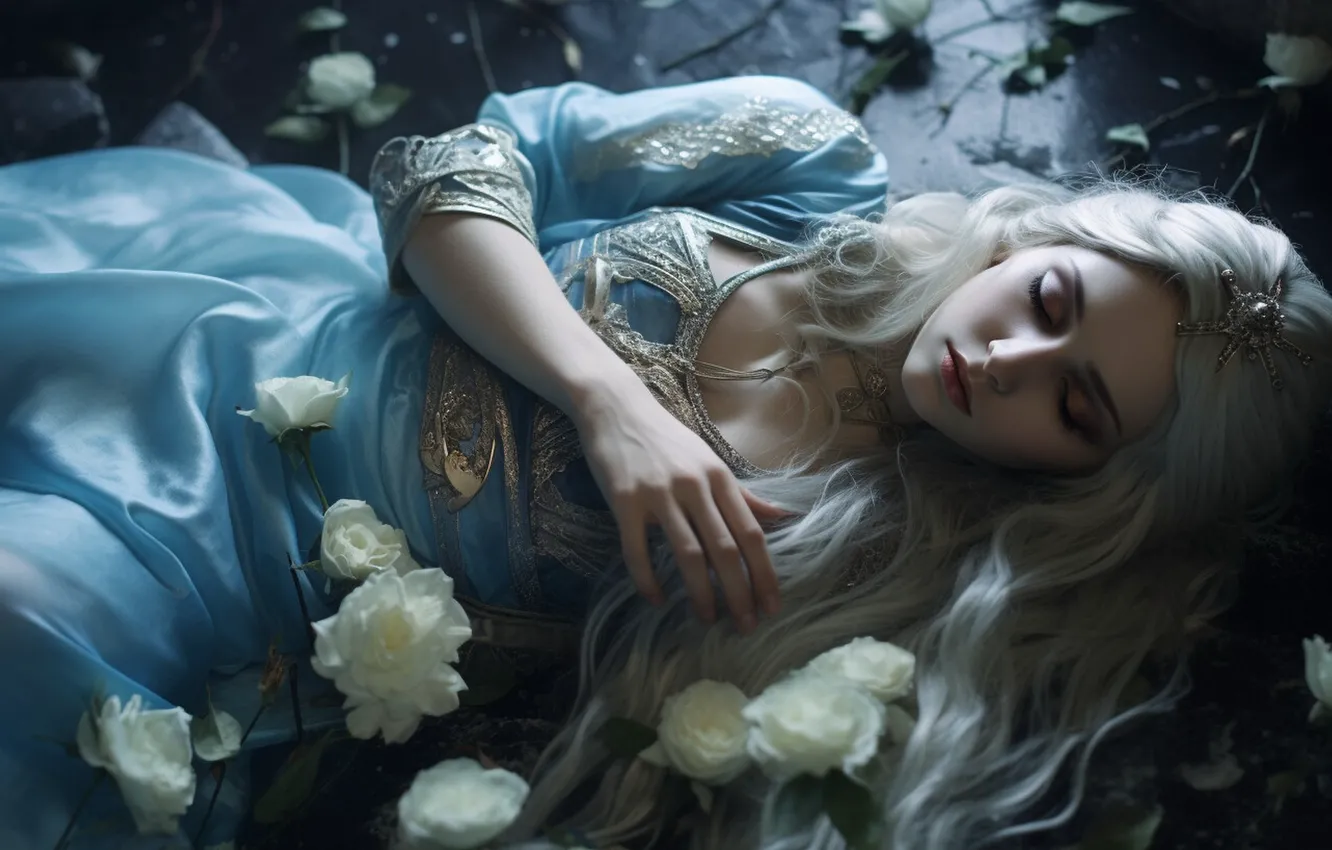 Photo wallpaper girl, light, flowers, pose, sleep, roses, hands, fantasy