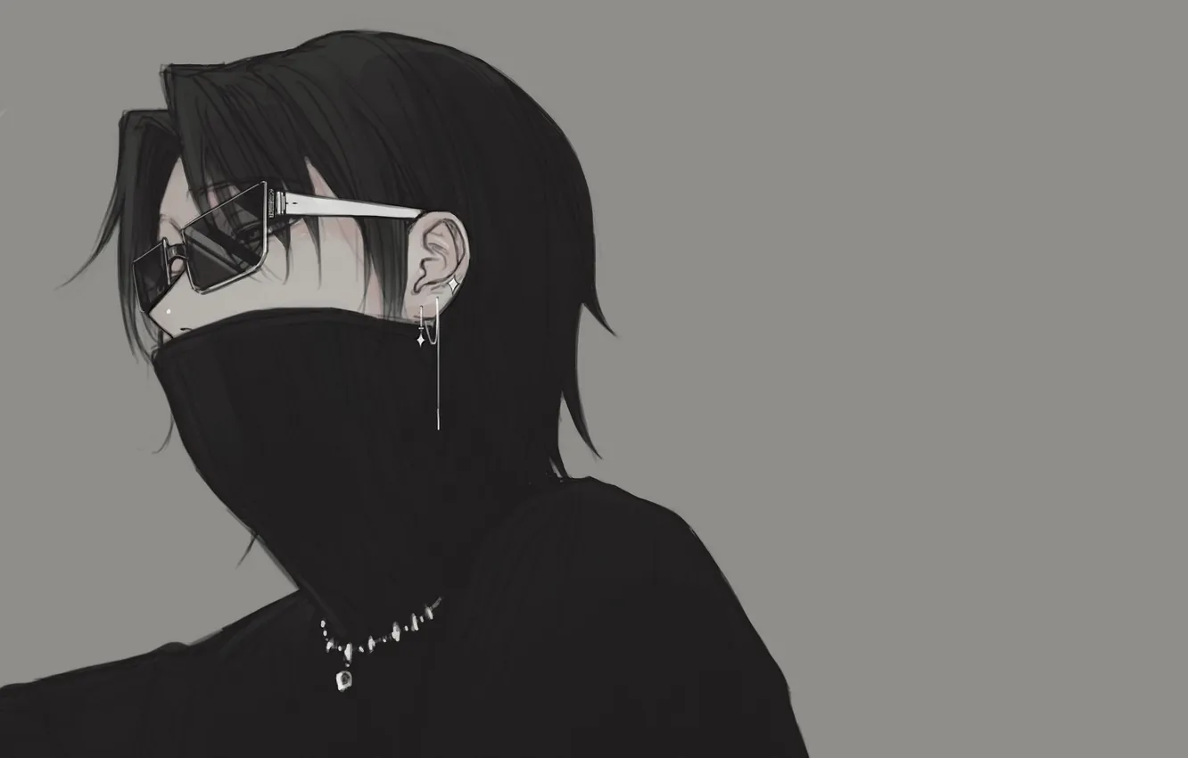 Photo wallpaper grey background, black hair, sunglasses, HUNTERxHUNTER, gloomy art, black turtleneck