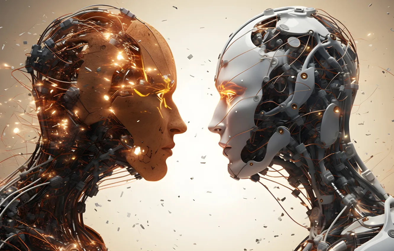 Photo wallpaper face, lights, fiction, wire, robot, scheme, head, pair