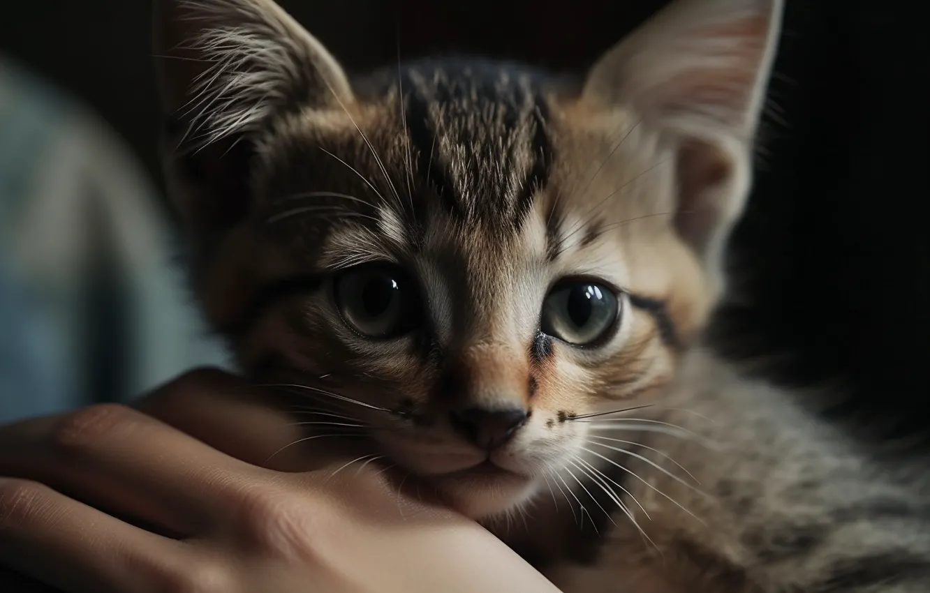 Photo wallpaper sadness, cat, cat, look, portrait, hands, art, black background