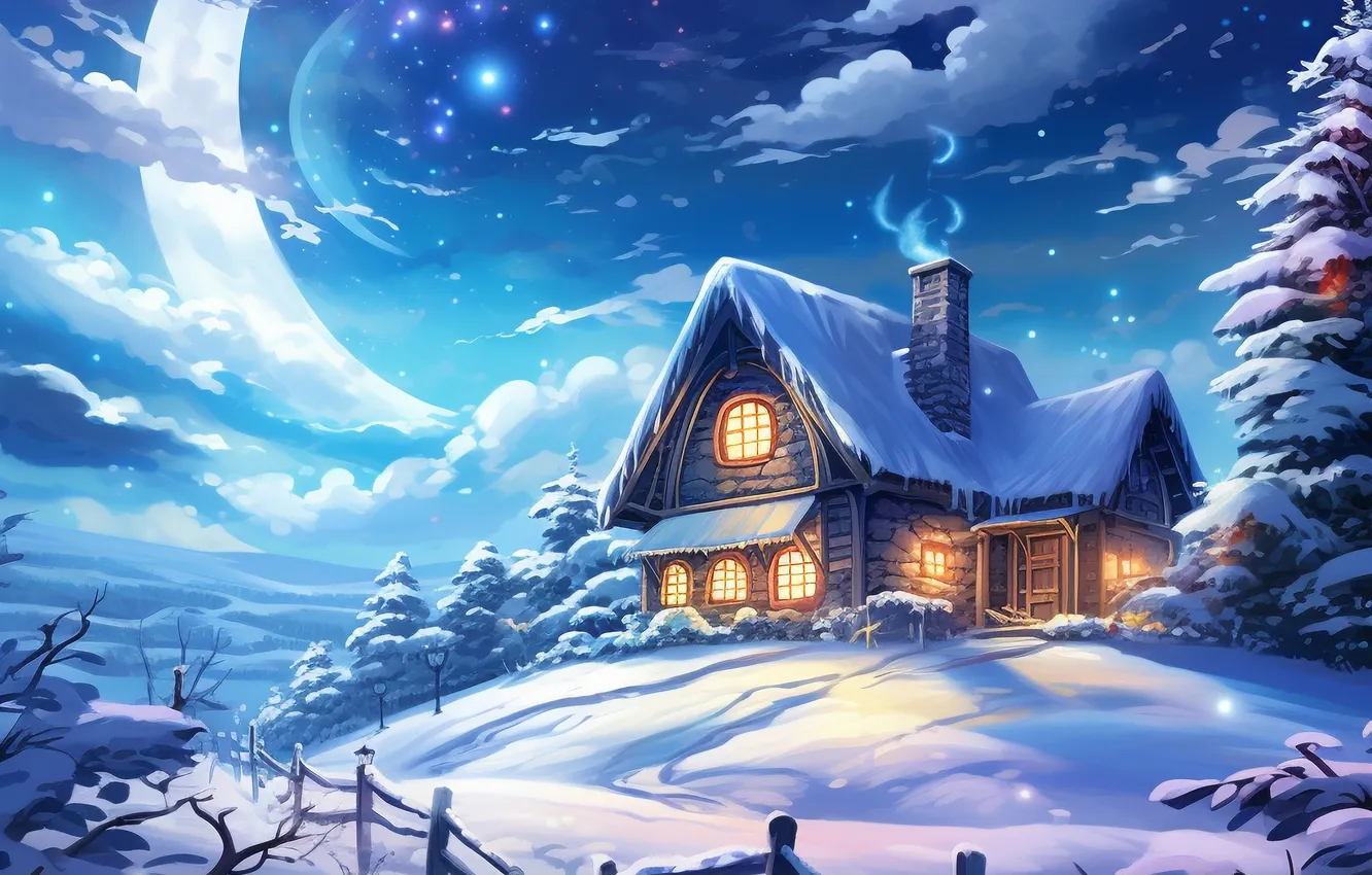 Photo wallpaper winter, frost, forest, the sky, stars, clouds, light, snow