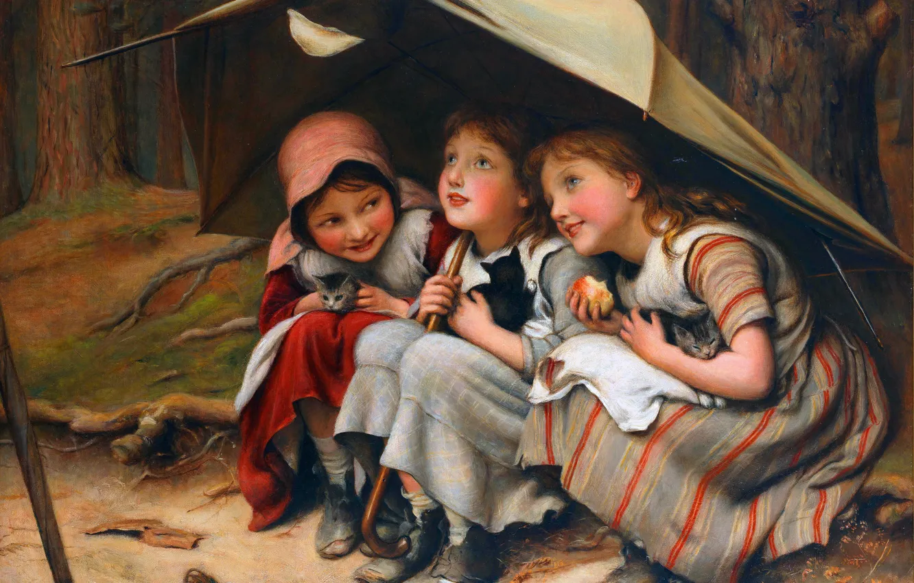 Photo wallpaper children, smile, picture, umbrella, girl, kitty, three, British artist