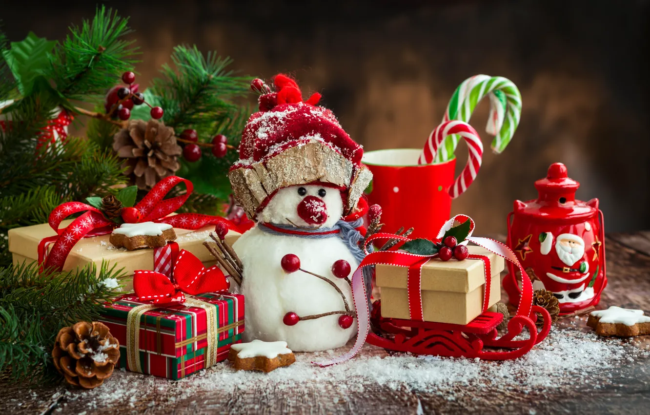 Photo wallpaper decoration, toys, tree, New Year, Christmas, snowman, Christmas, Xmas