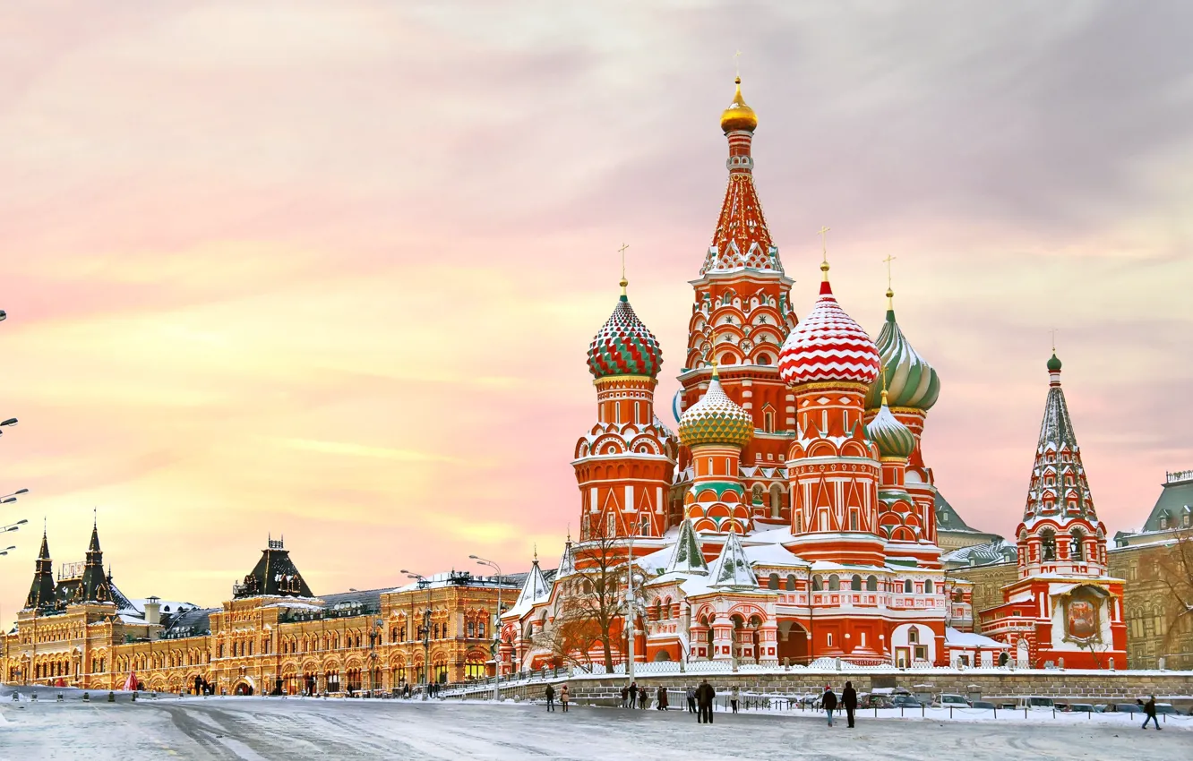 Photo wallpaper winter, snow, city, area, Moscow, The Kremlin, St. Basil's Cathedral, Russia