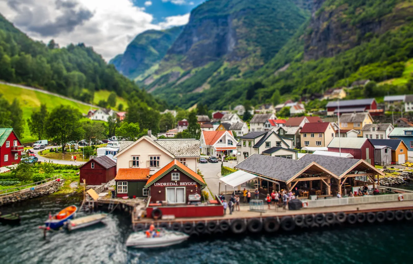 Photo wallpaper trees, boats, pier, Norway, houses, village Undredal, the Aurlandsfjord