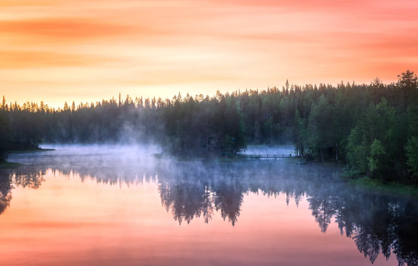 Photo wallpaper sunset, fog, lake