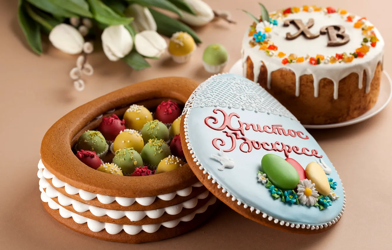 Photo wallpaper flowers, Easter, dessert, cake, Verba, cakes