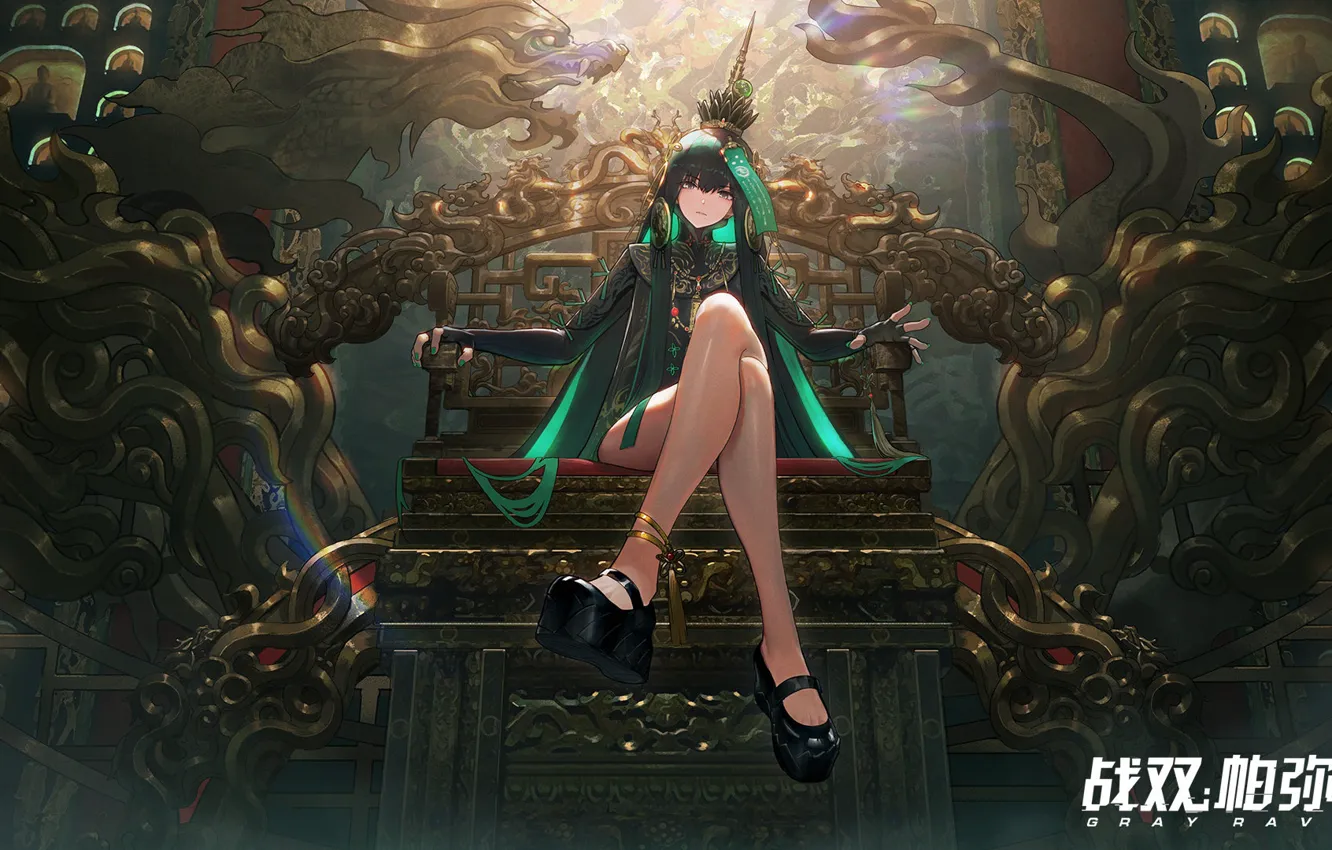 Photo wallpaper dragon, crown, green hair, the throne, thread, black shoes, Golden Palace, the legs