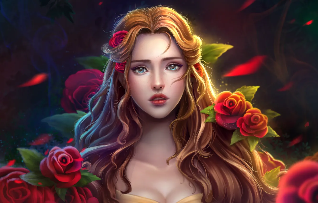 Photo wallpaper girl, flowers, roses