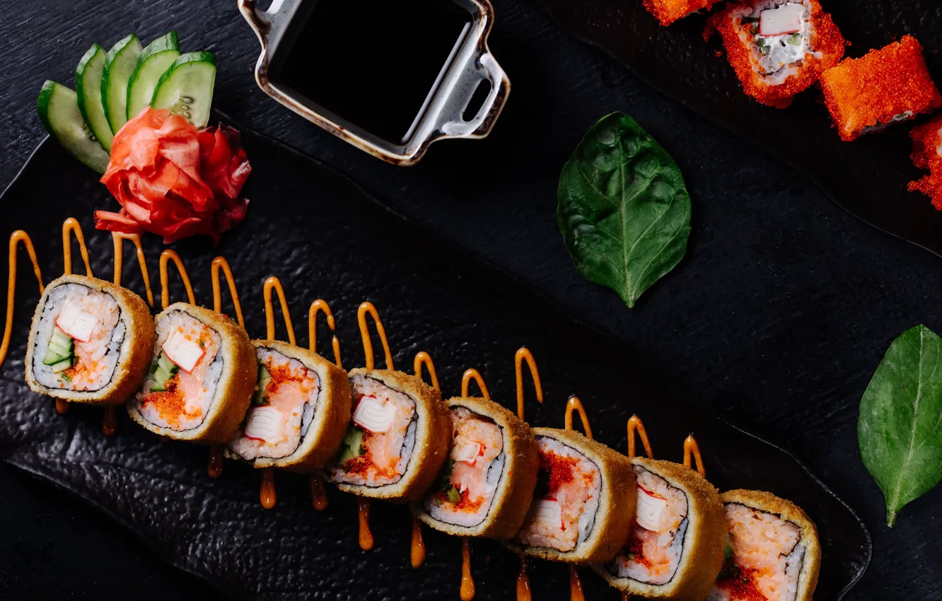Photo wallpaper figure, sauce, caviar, sushi, cucumbers, rolls, shrimp, ginger