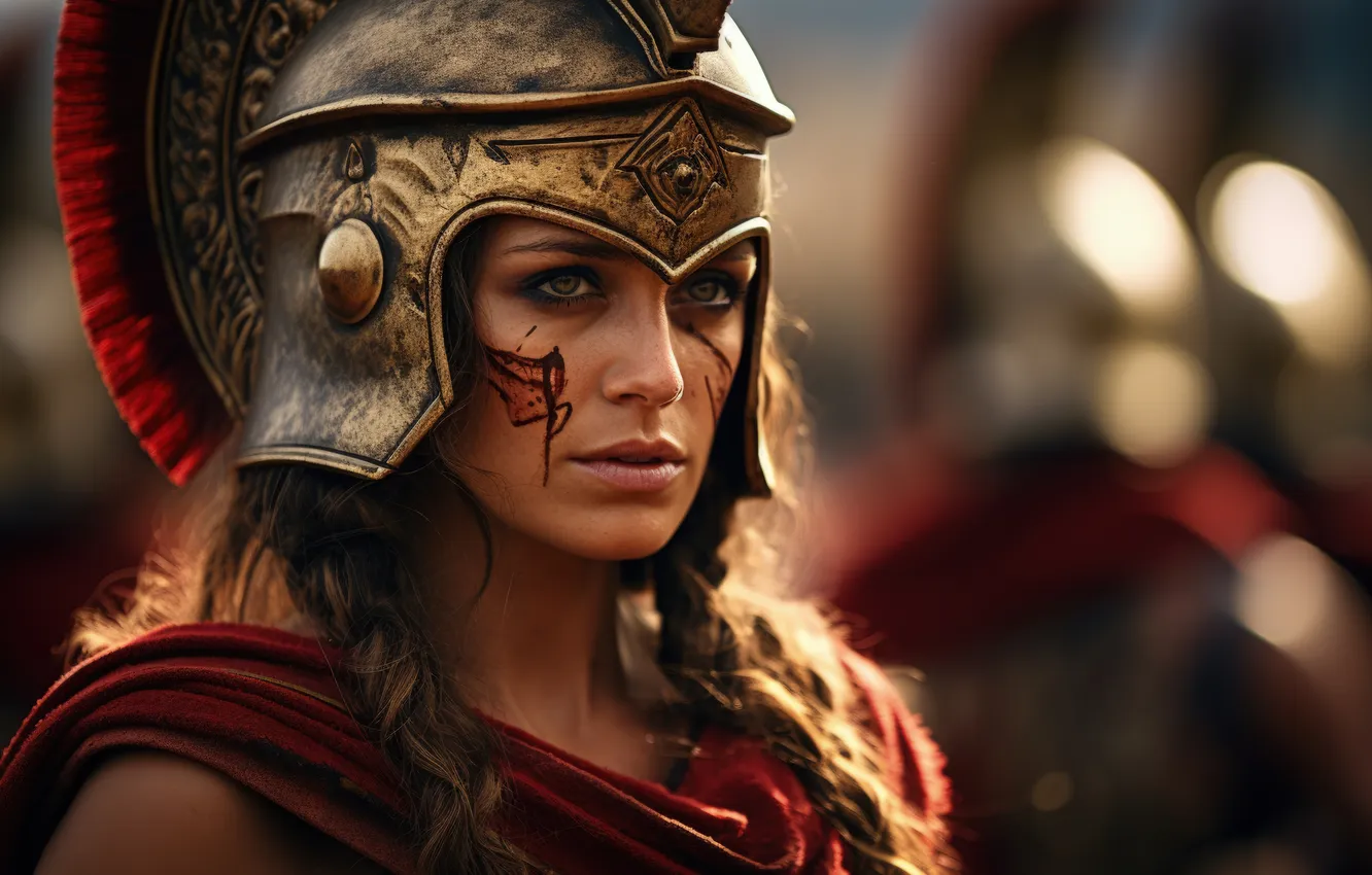 Photo wallpaper look, girl, hair, helmet, warrior, digital art, Ancient Greece, AI art