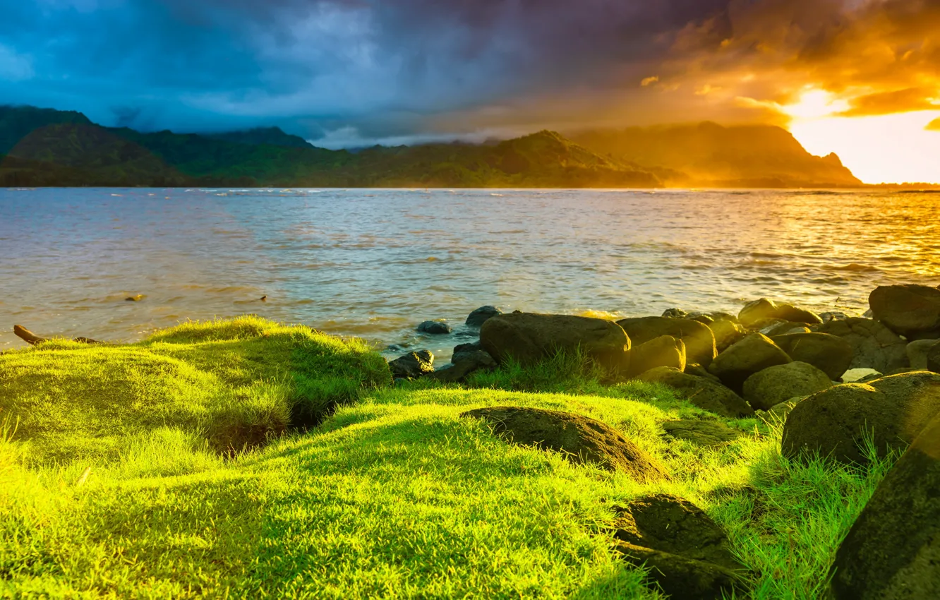 Photo wallpaper grass, clouds, landscape, mountains, nature, stones, the ocean, shore