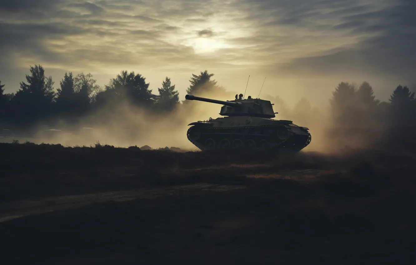 Photo wallpaper clouds, trees, dawn, tank, digital art, AI art, The Art of Artificial Intelligence, neural network