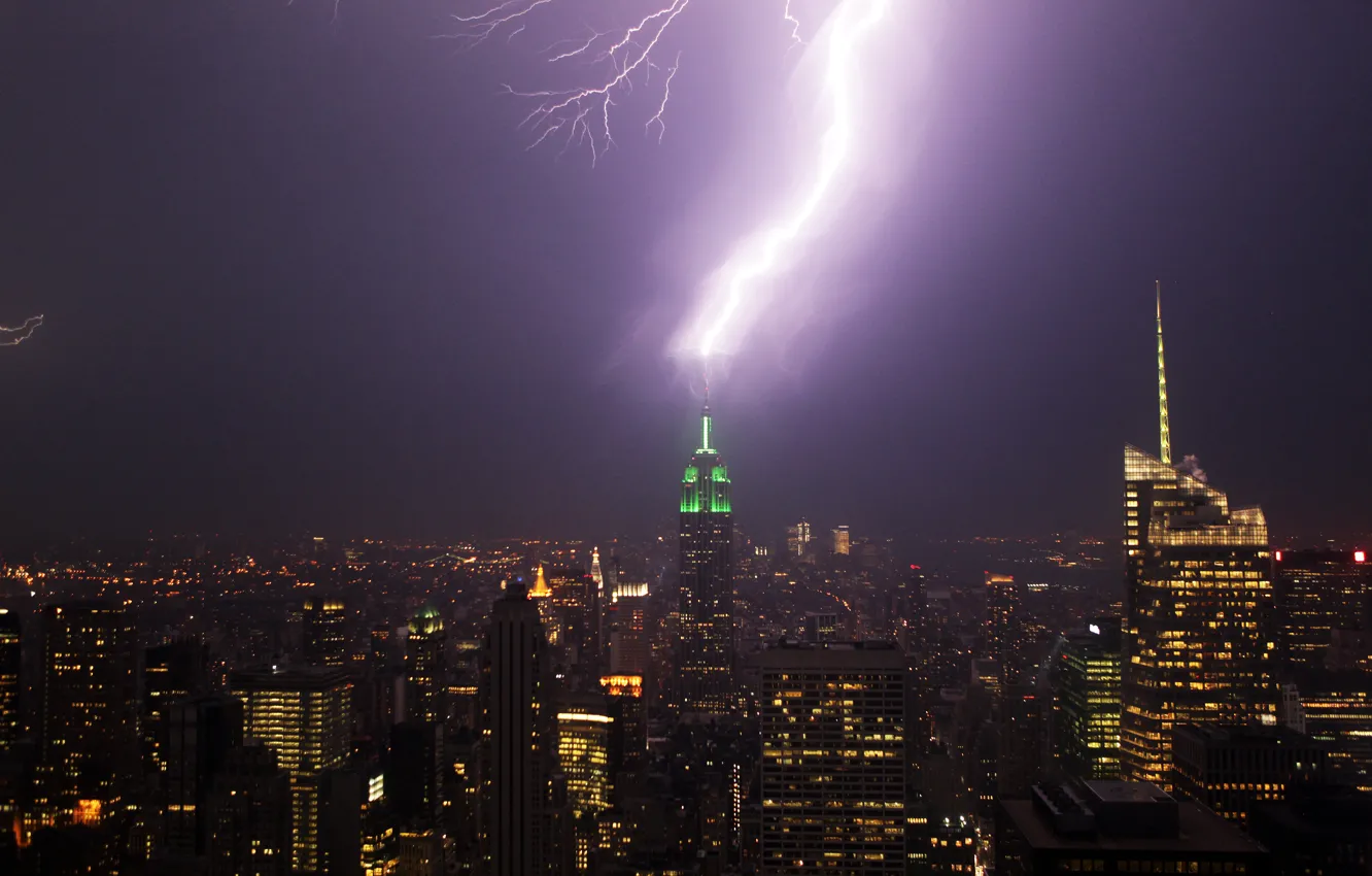 Photo wallpaper USA, rain, Lightning, New York, Manhattan, winter, Empire State Building, purple