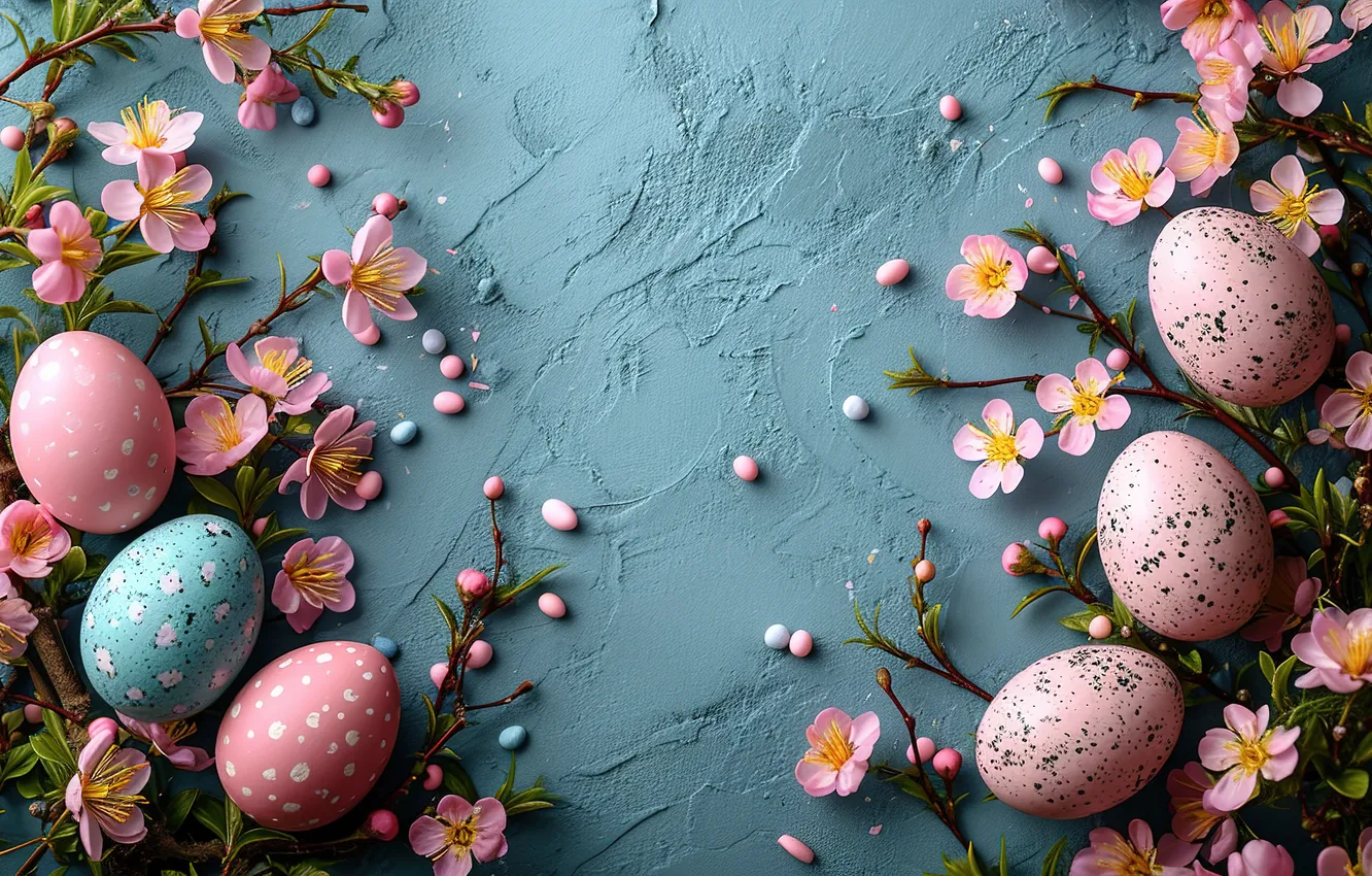 Photo wallpaper flowers, eggs, spring, colorful, Easter, pink, blossom, flowers